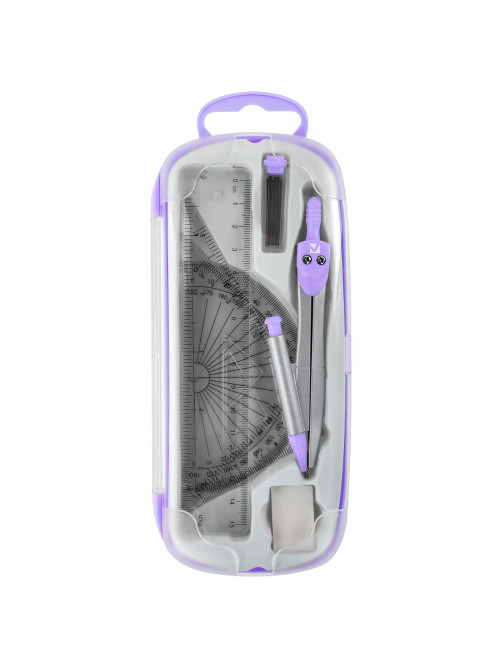 Готовальня BRAUBERG SCHOOL KIT, 9 предметов, циркуль 125 мм, чертежные принадлежности, лаванда, 210713
