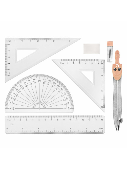 Готовальня BRAUBERG SCHOOL KIT, 8 предметов, циркуль 115 мм, чертежные принадлежности, персиковый цвет, 210704