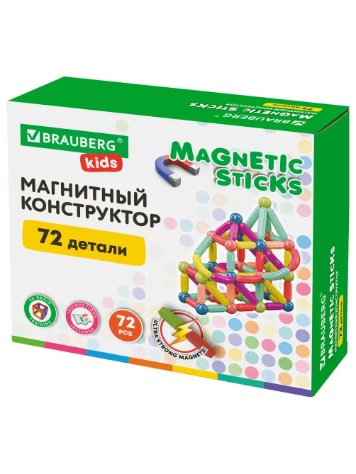 Магнитный конструктор MAGNETIC STICKS, 72 магнитные детали, BRAUBERG KIDS, 665722