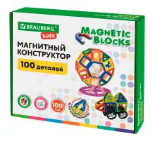 Магнитный конструктор MAGNETIC BLOCKS, 100 деталей, 2 колесные базы, карусель, BRAUBERG KIDS, 665720