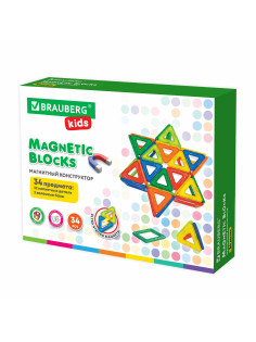 Магнитный конструктор BIG MAGNETIC BLOCKS-34, 34 детали, с колесной базой, BRAUBERG KIDS, 663845