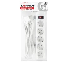 Сетевой фильтр SONNEN SPW-505, 5 розеток с заземлением, выключатель, 10 А, 5 м, белый, 513655
