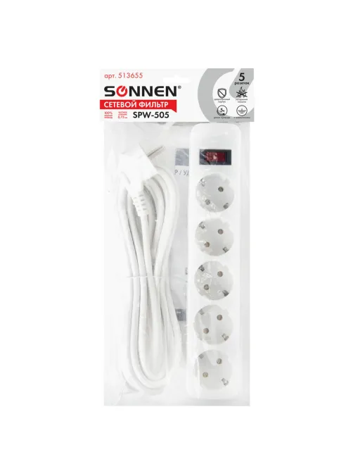 Сетевой фильтр SONNEN SPW-505, 5 розеток с заземлением, выключатель, 10 А, 5 м, белый, 513655