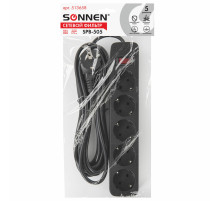 Сетевой фильтр SONNEN SPB-505, 5 розеток с заземлением, выключатель, 10 А, 5 м, черный, 513658