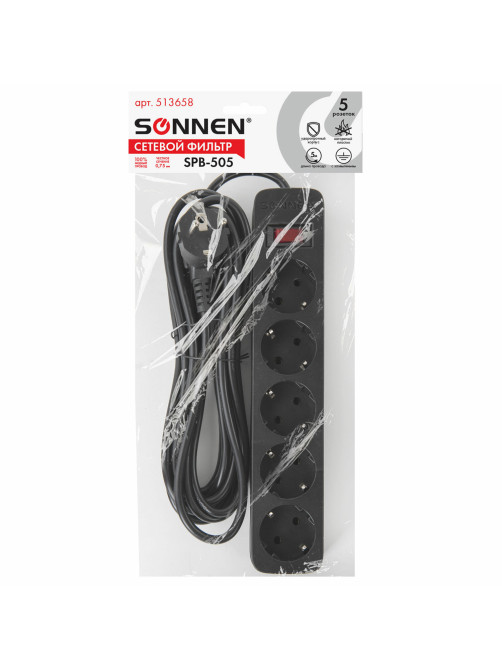 Сетевой фильтр SONNEN SPB-505, 5 розеток с заземлением, выключатель, 10 А, 5 м, черный, 513658