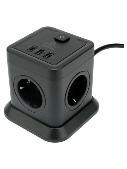 Сетевой фильтр CABLEXPERT Tower, 4 розетки, 10 А, 1 x Type-C PD, 20 Вт, 2 х USB, 2 м, черный, TWR-4-CU2-B-2
