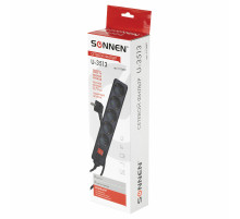 Сетевой фильтр SONNEN U-3513, 5 розеток, с заземлением, выключатель, 10 А, 3 м, черный, 513489