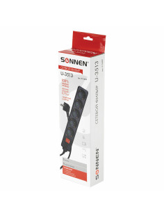Сетевой фильтр SONNEN U-3513, 5 розеток, с заземлением, выключатель, 10 А, 3 м, черный, 513489