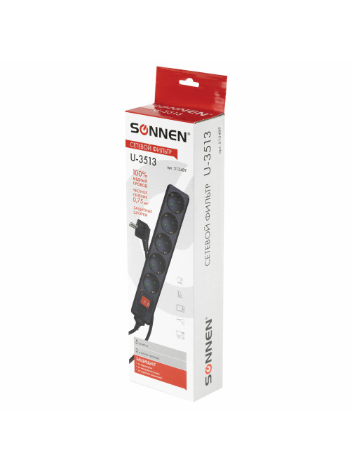 Сетевой фильтр SONNEN U-3513, 5 розеток, с заземлением, выключатель, 10 А, 3 м, черный, 513489