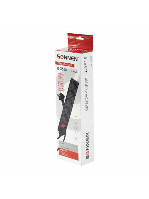 Сетевой фильтр SONNEN U-3515, 5 розеток, с заземлением, выключатель, 10 А, 5 м, черный, 513490