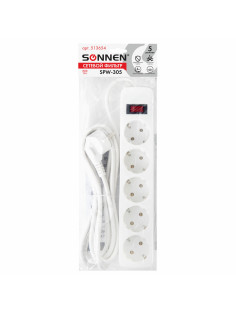 Сетевой фильтр SONNEN SPW-305, 5 розеток с заземлением, выключатель, 10 А, 3 м, белый, 513654