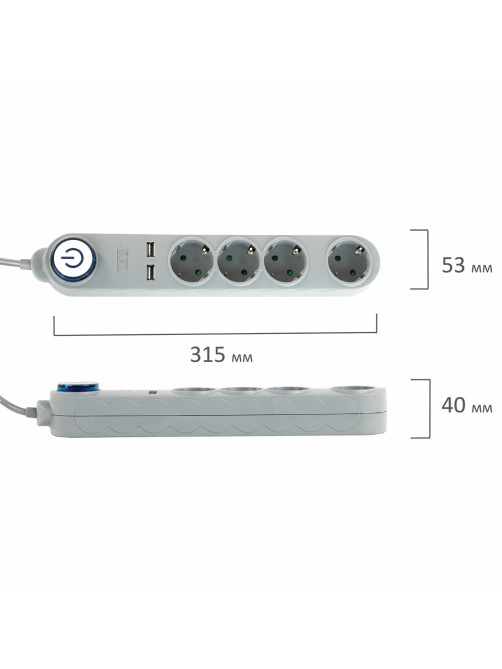 Сетевой фильтр SONNEN DX04, 4 розетки, 2 USB-порта, с заземлением, 10 А, 1,5 м, графит, 513493