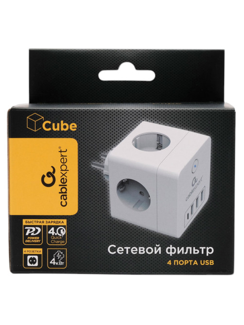 Сетевой фильтр CABLEXPERT Cube, 4 розетки, 16 А, 1 x Type-C PD, 3 х USB, белый, CUBE-4-СU3-W, CUBE-4-CU3-W