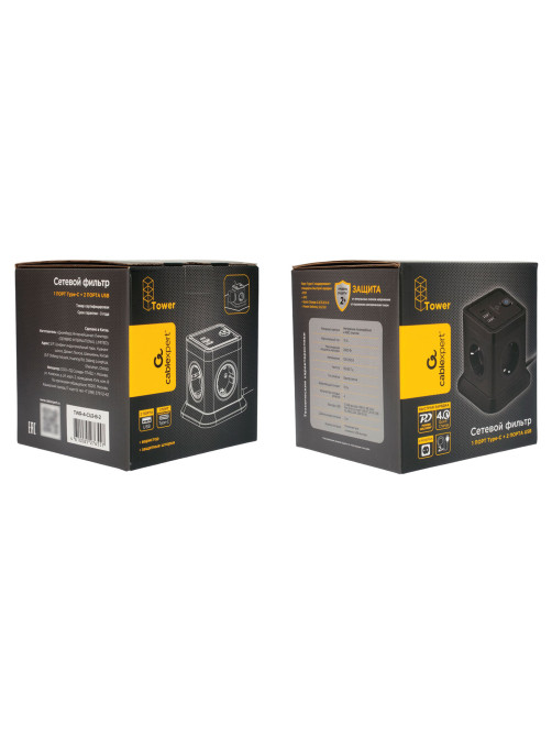 Сетевой фильтр CABLEXPERT Tower, 4 розетки, 10 А, 1 x Type-C PD, 20 Вт, 2 х USB, 2 м, черный, TWR-4-CU2-B-2