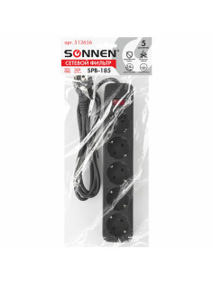 Сетевой фильтр SONNEN SPB-185, 5 розеток с заземлением, выключатель, 10 А, 1,8 м, черный, 513656