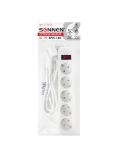 Сетевой фильтр SONNEN SPW-185, 5 розеток с заземлением, выключатель, 10 А, 1,8 м, белый, 513653