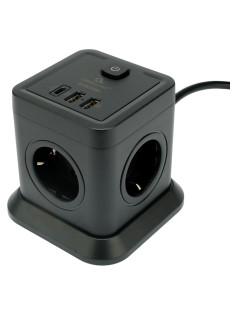 Сетевой фильтр CABLEXPERT Tower, 4 розетки, 10 А, 1 x Type-C PD, 20 Вт, 2 х USB, 2 м, черный, TWR-4-CU2-B-2