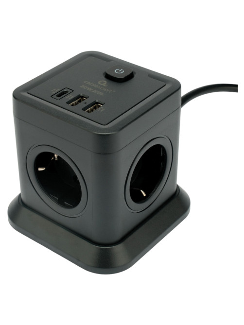 Сетевой фильтр CABLEXPERT Tower, 4 розетки, 10 А, 1 x Type-C PD, 20 Вт, 2 х USB, 2 м, черный, TWR-4-CU2-B-2