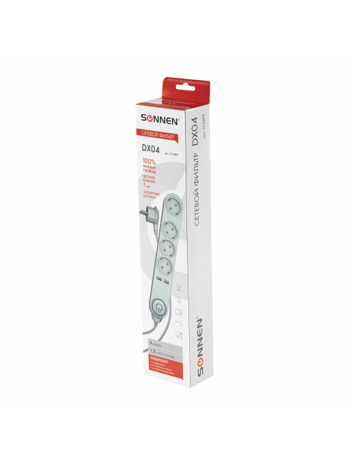 Сетевой фильтр SONNEN DX04, 4 розетки, 2 USB-порта, с заземлением, 10 А, 1,5 м, графит, 513493