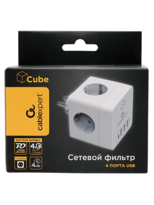 Сетевой фильтр CABLEXPERT Cube, 4 розетки, 16 А, 1 x Type-C PD, 3 х USB, белый, CUBE-4-СU3-W, CUBE-4-CU3-W