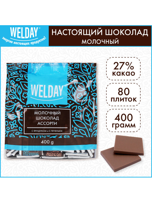 Шоколад порционный с фундуком и печеньем WELDAY (ВЭЛДЭЙ), молочный 27%, 400 г (80 плиток по 5 г), 622408