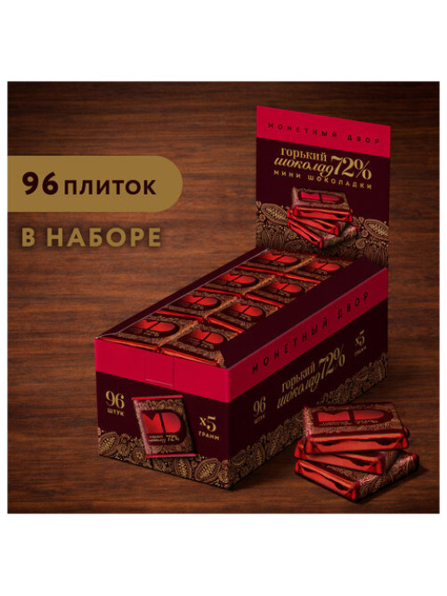 Шоколад порционный МОНЕТНЫЙ ДВОР, горький шоколад 72% какао, 96 плиток по 5 г, в шоубоксах, 507