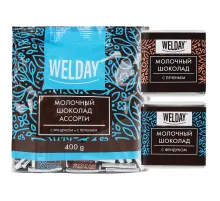 Шоколад порционный с фундуком и печеньем WELDAY (ВЭЛДЭЙ), молочный 27%, 400 г (80 плиток по 5 г), 622408