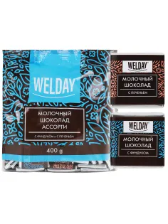 Шоколад порционный с фундуком и печеньем WELDAY (ВЭЛДЭЙ), молочный 27%, 400 г (80 плиток по 5 г), 622408