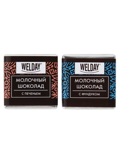 Шоколад порционный с фундуком и печеньем WELDAY (ВЭЛДЭЙ), молочный 27%, 400 г (80 плиток по 5 г), 622408
