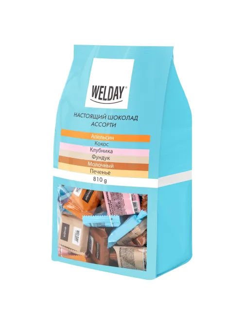 Шоколад порционный WELDAY (ВЭЛДЭЙ), ассорти 6 вкусов, 810 г (54 плитки по 15 г), пакет, 622409