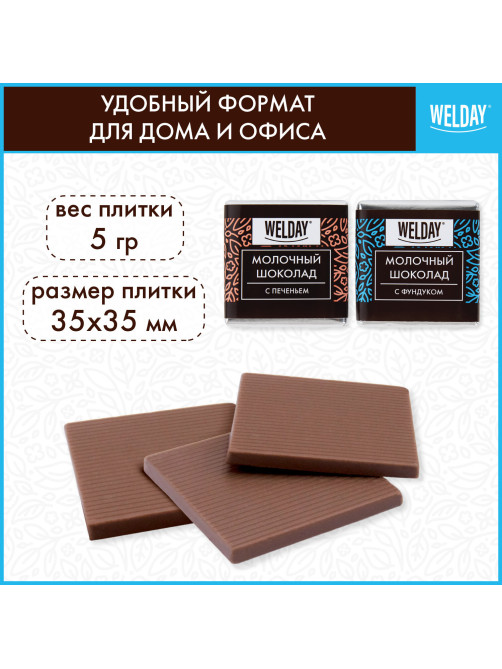 Шоколад порционный с фундуком и печеньем WELDAY (ВЭЛДЭЙ), молочный 27%, 400 г (80 плиток по 5 г), 622408