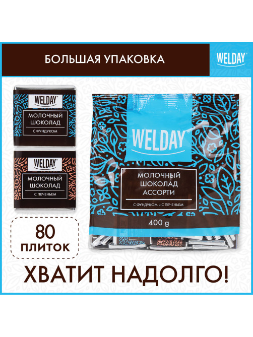 Шоколад порционный с фундуком и печеньем WELDAY (ВЭЛДЭЙ), молочный 27%, 400 г (80 плиток по 5 г), 622408