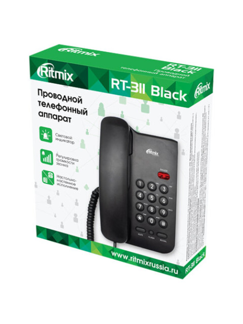 Телефон RITMIX RT-311 black, световая индикация звонка, тональный / импульсный режим, повтор, черный, 80002231