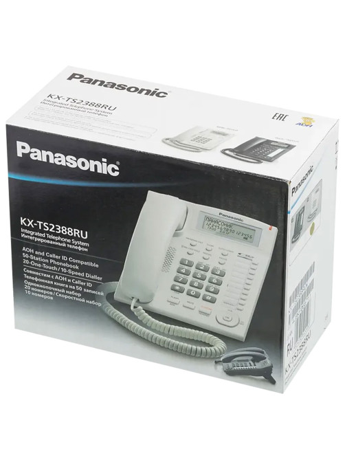 Телефон PANASONIC KX-TS2388RUW, АОН, спикерфон, память 50 номеров в справочнике, тональный/импульсный режим, белый