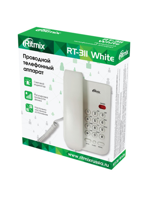 Телефон RITMIX RT-311 white, световая индикация звонка, тональный / импульсный режим, повтор, белый, 80002232