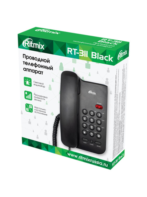 Телефон RITMIX RT-311 black, световая индикация звонка, тональный / импульсный режим, повтор, черный, 80002231