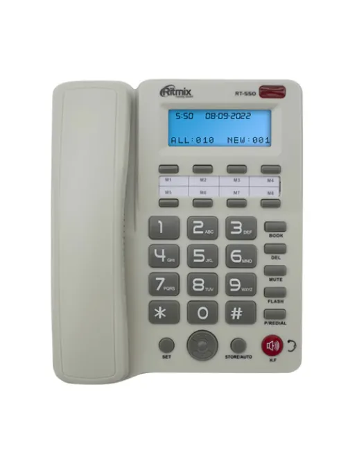 Телефон RITMIX RT-550 white, АОН, спикерфон, память 100 номеров, тональный / импульсный режим, белый, 80002154