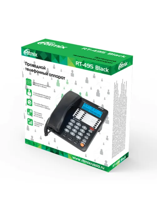 Телефон RITMIX RT-495 black, АОН, спикерфон, память 60 номеров, тональный / импульсный режим, черный, 80002152