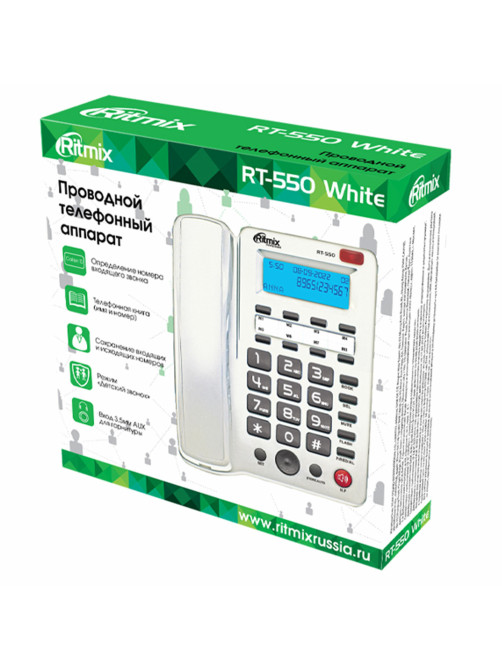 Телефон RITMIX RT-550 white, АОН, спикерфон, память 100 номеров, тональный / импульсный режим, белый, 80002154