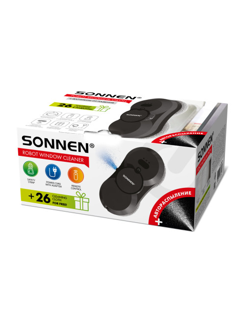 Робот-мойщик окон с автораспылением SONNEN Tech RWC-123 SPRAY, датчик от падения, 26 салфеток, пульт ДУ, 456236