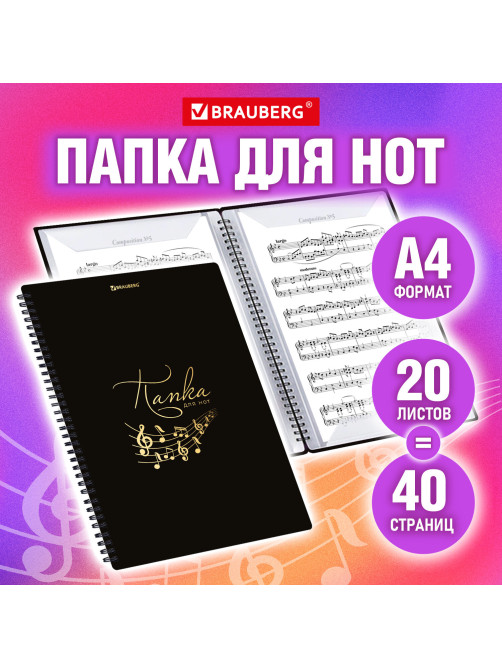 Папка-тетрадь для нот А4, 20 вкладышей на 40 страниц, на гребне, пластик, ЧЕРНАЯ, BRAUBERG, 404643