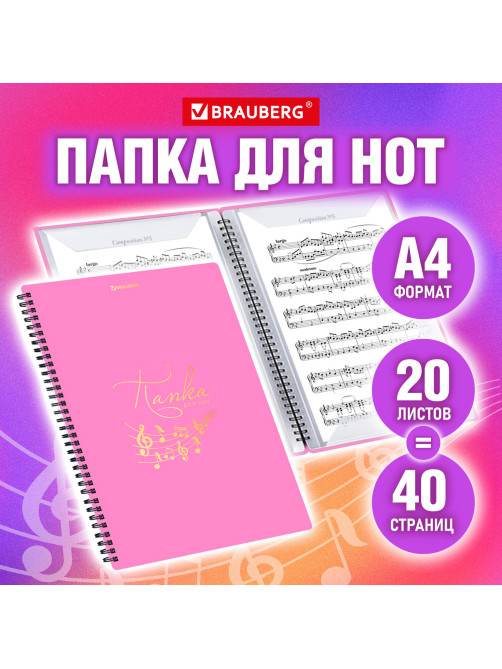Папка-тетрадь для нот А4, 20 вкладышей на 40 страниц, на гребне, пластик, РОЗОВАЯ, BRAUBERG, 404642