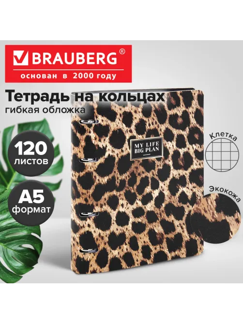 Тетрадь на кольцах А5, 175х215 мм, 120 л., под кожу, BRAUBERG VISTA, 