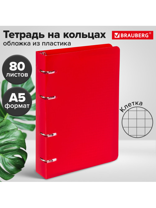 Тетрадь на кольцах А5 160х215 мм, 80 л., пластик, клетка, BRAUBERG, 