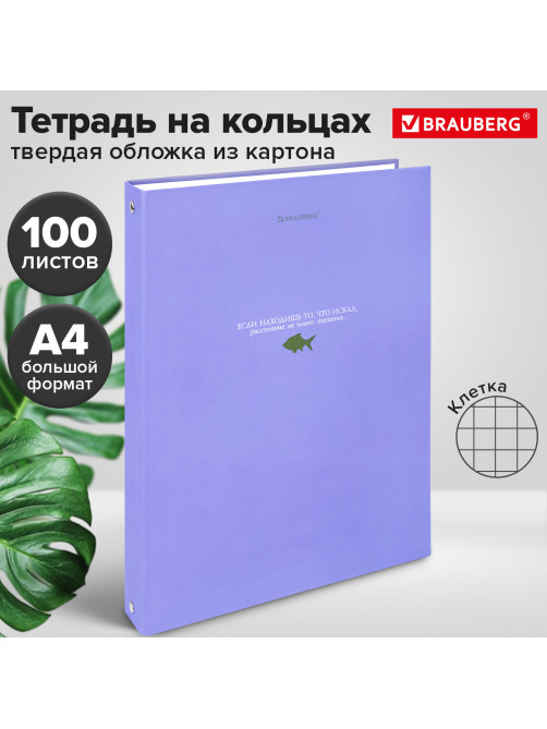 Тетрадь на кольцах БОЛЬШАЯ А4, 220х305 мм, 100 л., твердый картон, клетка, BRAUBERG, 