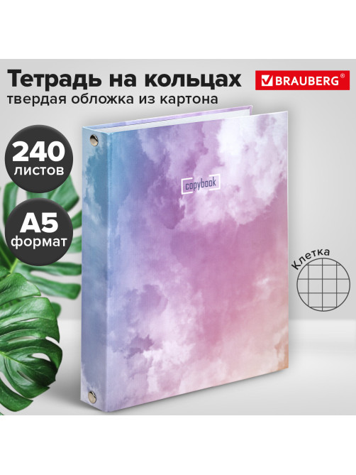 Тетрадь на кольцах А5 (175х215 мм), 240 листов, твердый картон, клетка, BRAUBERG, Cloud, 404094