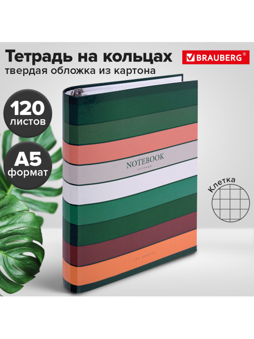 Тетрадь на кольцах А5 175х215 мм, 120 листов, твердый картон, клетка, BRAUBERG, 
