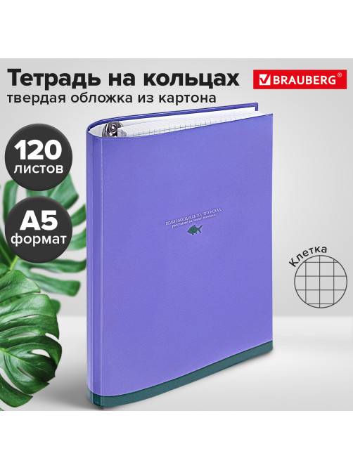 Тетрадь на кольцах А5 175х215 мм, 120 листов, твердый картон, клетка, BRAUBERG, 