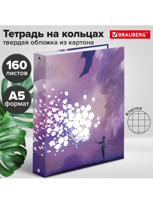 Тетрадь на кольцах А5 (175х215 мм), 160 листов, твердый картон, клетка, BRAUBERG, 