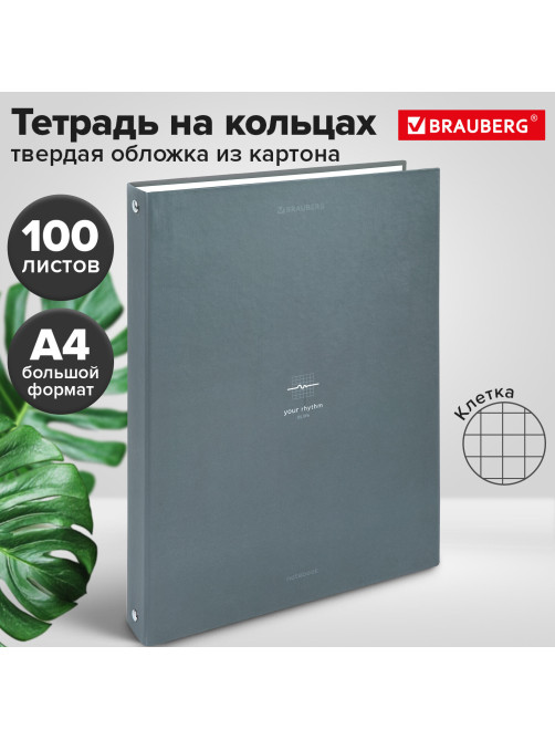 Тетрадь на кольцах БОЛЬШАЯ А4, 220х305 мм, 100 л., твердый картон, клетка, BRAUBERG, 